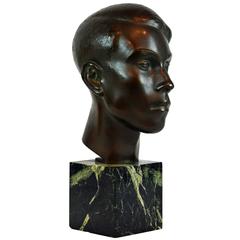 Large Art Deco Bronze Bust of a Young Man by Henry Paquet, Swiss, 1898-1975