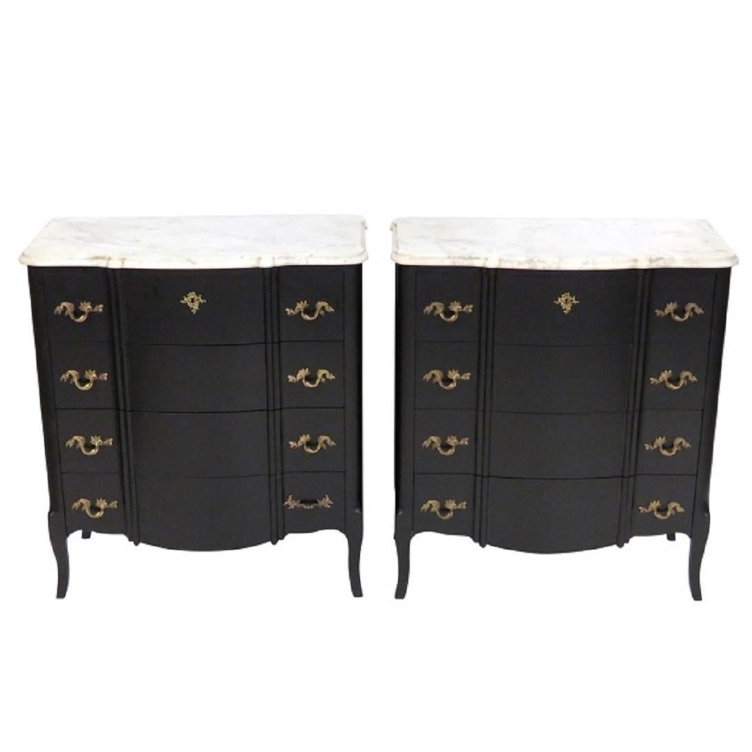 Pair of Custom Ebonized Marble-Top Commodes Attributed to Jansen
