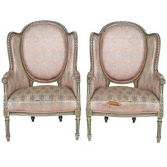 Pair of French Louis XVI Style Distressed Painted Bergere Parlor Chairs 