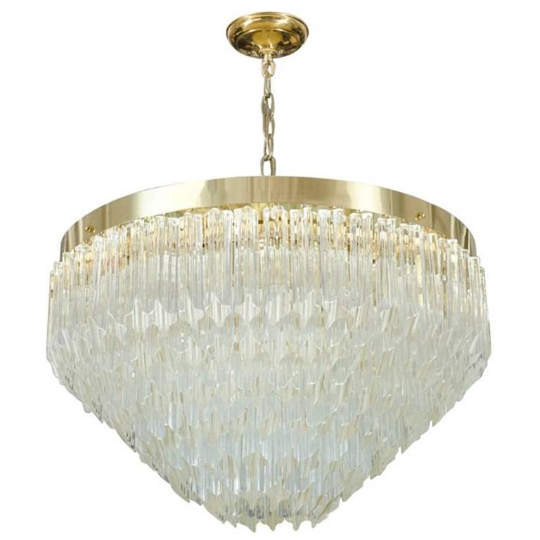 Italian Glass Prism and Brass Frame Pyramid Chandelier by Camer Glass