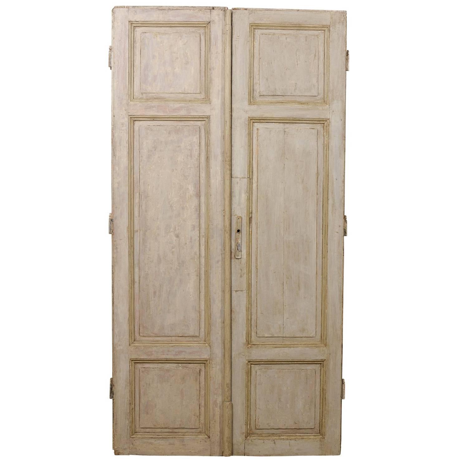 Pair of Tall French Doors from the Mid-19th Century with Grey Green Finish For Sale
