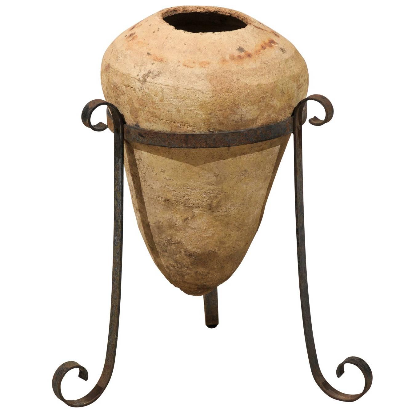 Clay Period Spanish Colonial Jar with Custom Metal Stand from the 18th Century
