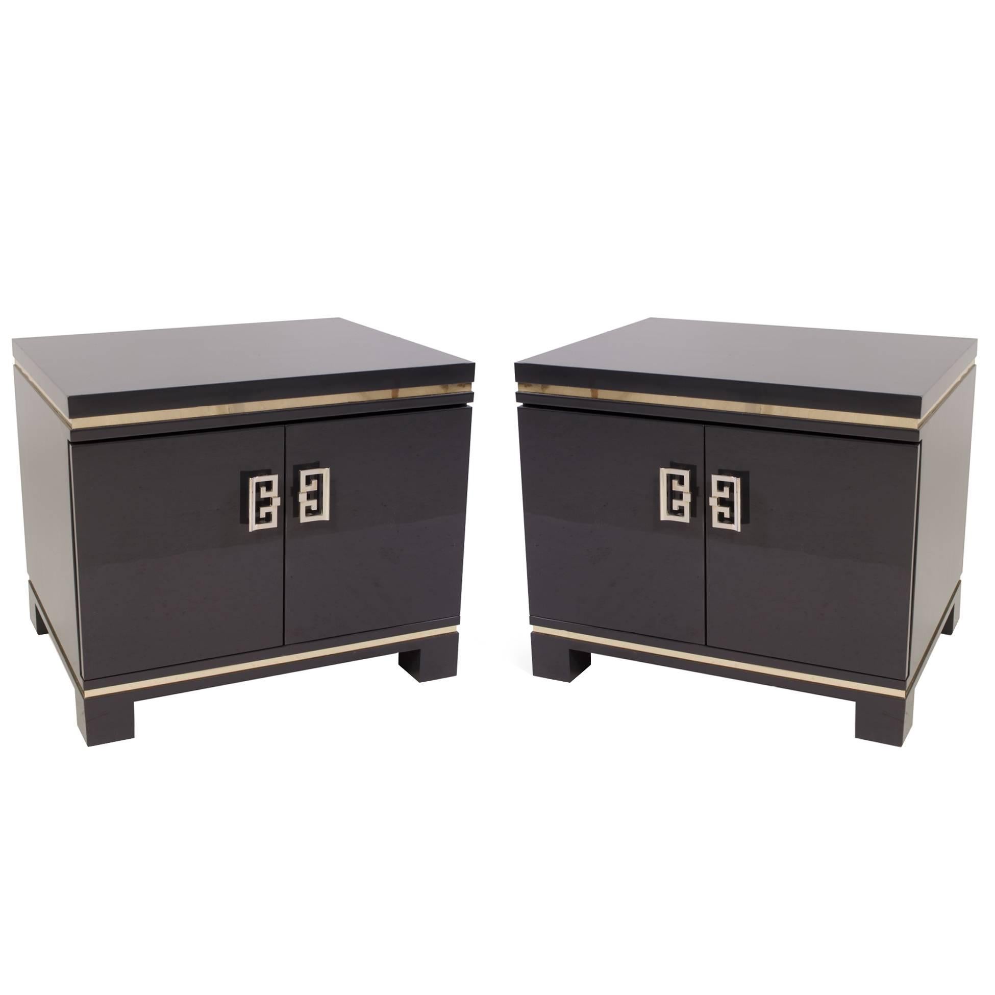 Mid-Century Nightstands in Grey Lacquer with Brass Greek Key Pulls