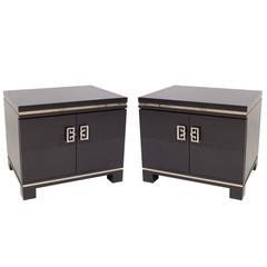 Mid-Century Nightstands in Grey Lacquer with Brass Greek Key Pulls