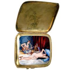 Silver Erotica Cigarette Case Enamel Painting Odalisque Nudes in Boudoir c.1880
