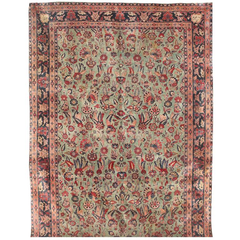 Antique Peach and Green Persian Kashan Carpet For Sale at 1stdibs