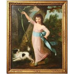 Regency or George III Period Oil Painting of an Aristocratic Girl with Her Dog