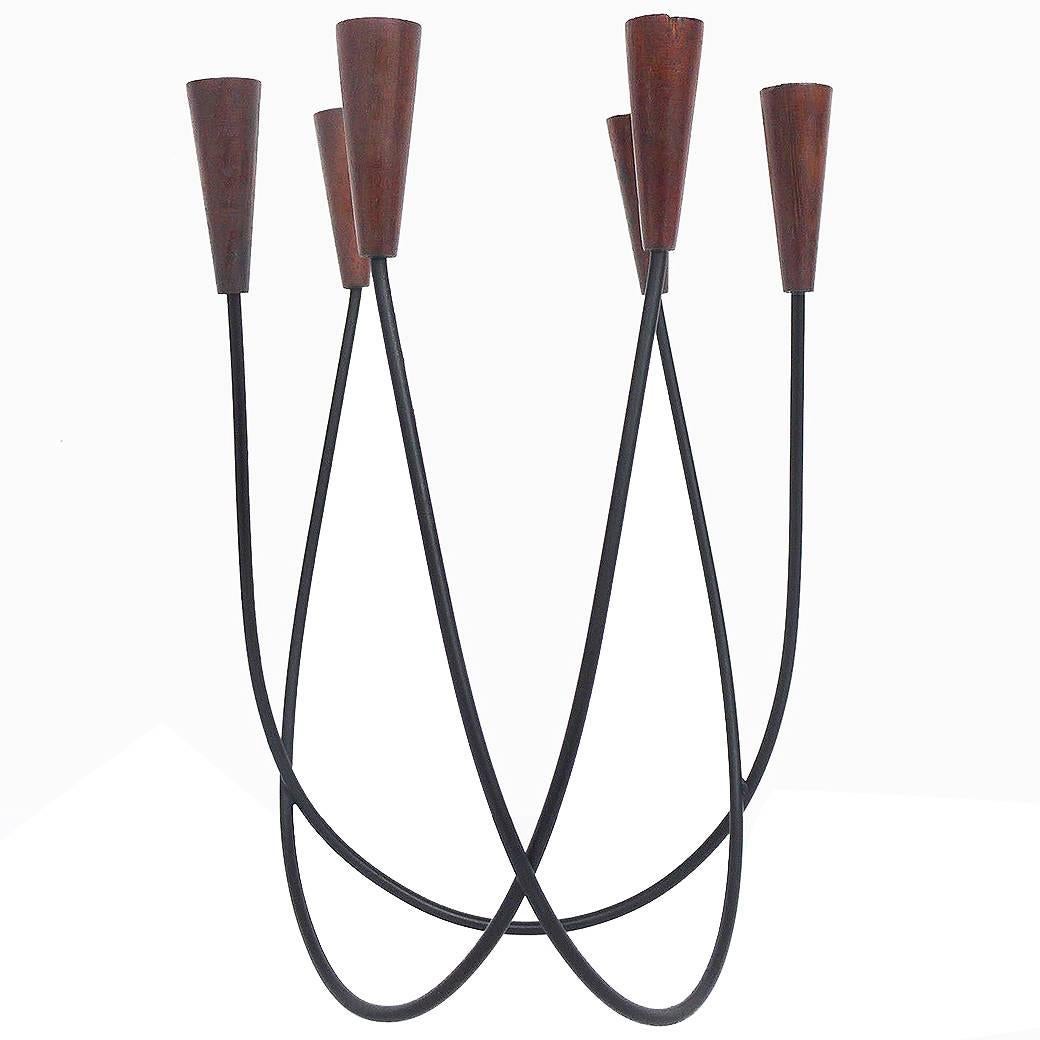 Sculptural Danish String Design Teak Candleholder Candlestick