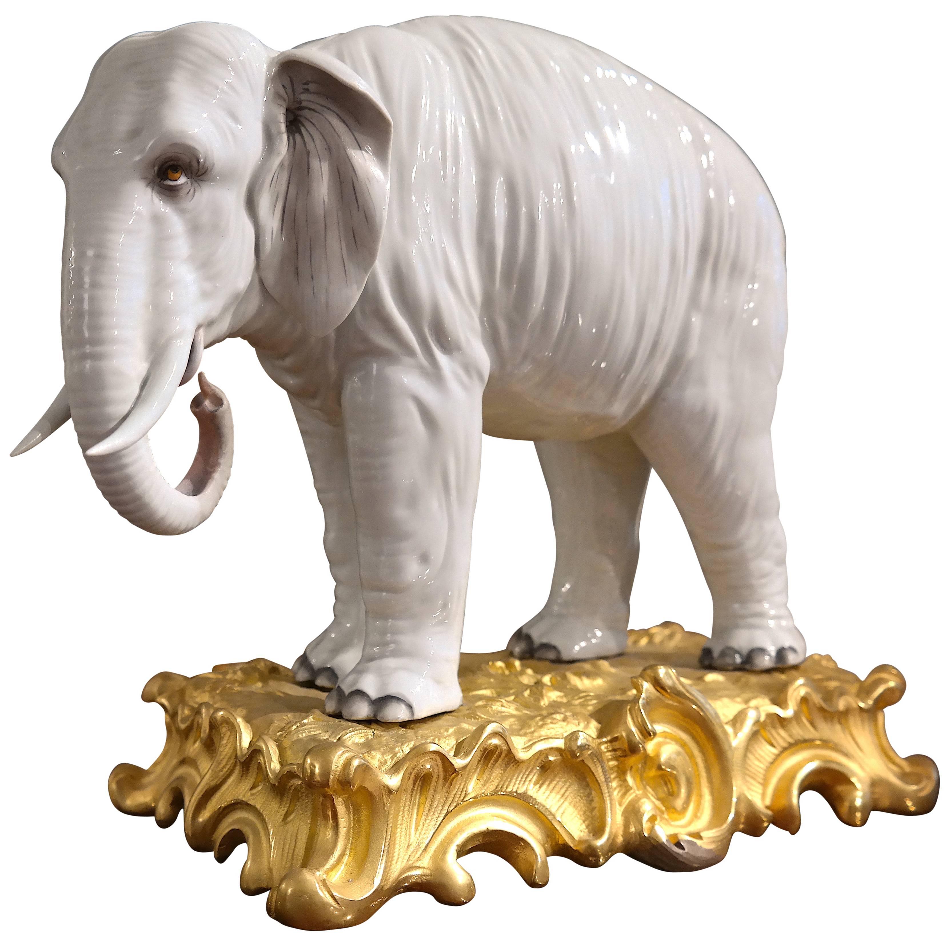 White Porcelain Elephant, 19th Century, probably SAMSON, Ormolu Bronze For Sale