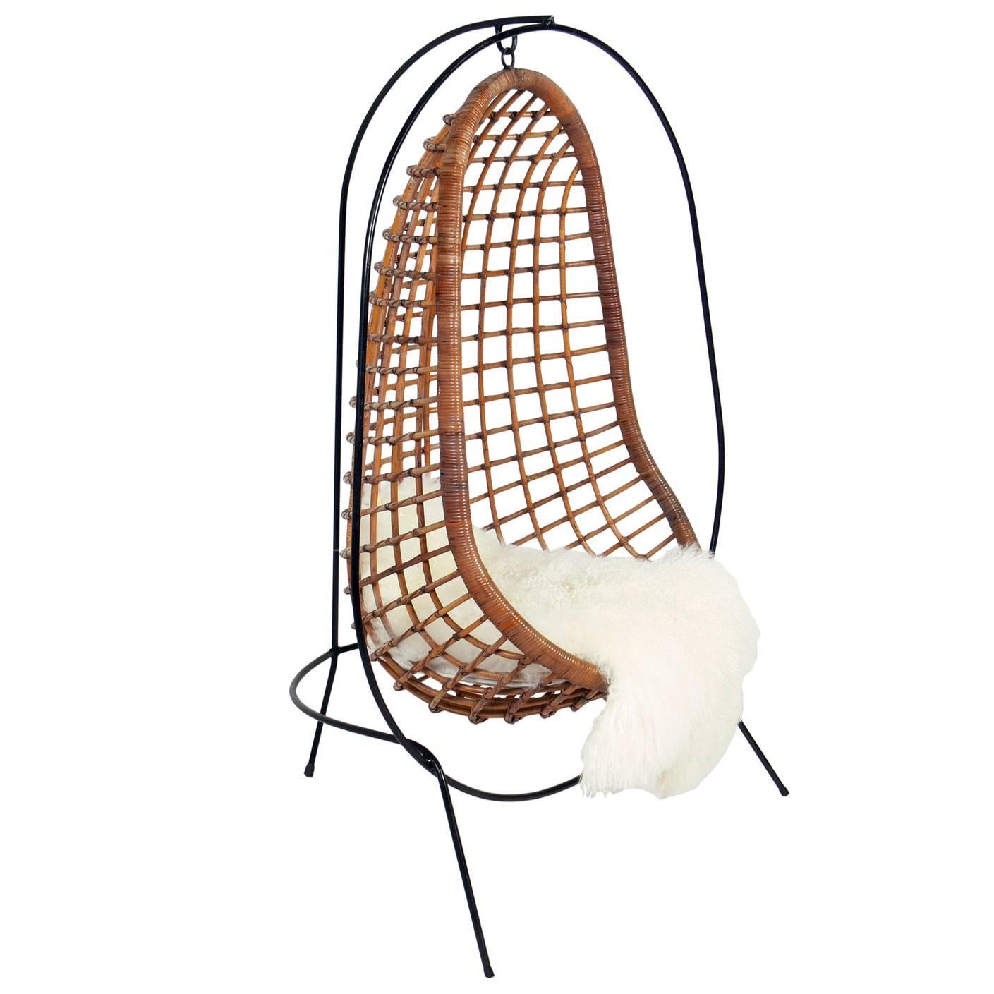 Sculptural Iron and Rattan Hanging Chair