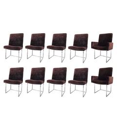 Set of Ten Milo Baughman Brown Velvet and Chrome Dining Chairs