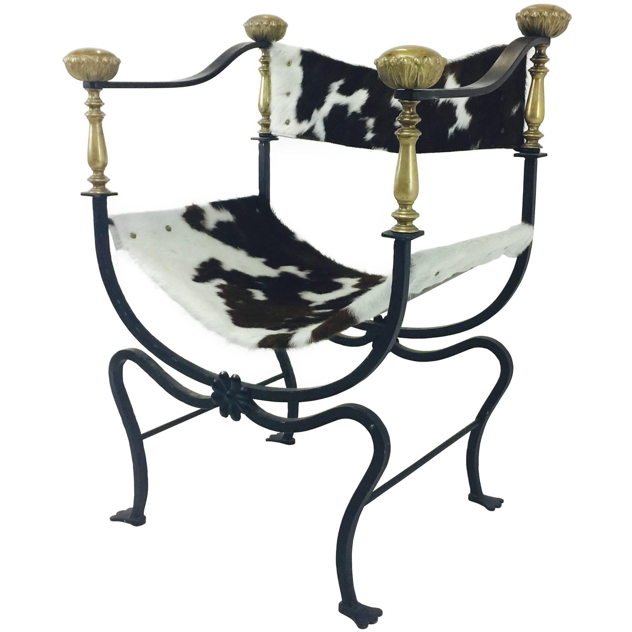 Italian Campaign Style Iron Cowhide Armchair For Sale