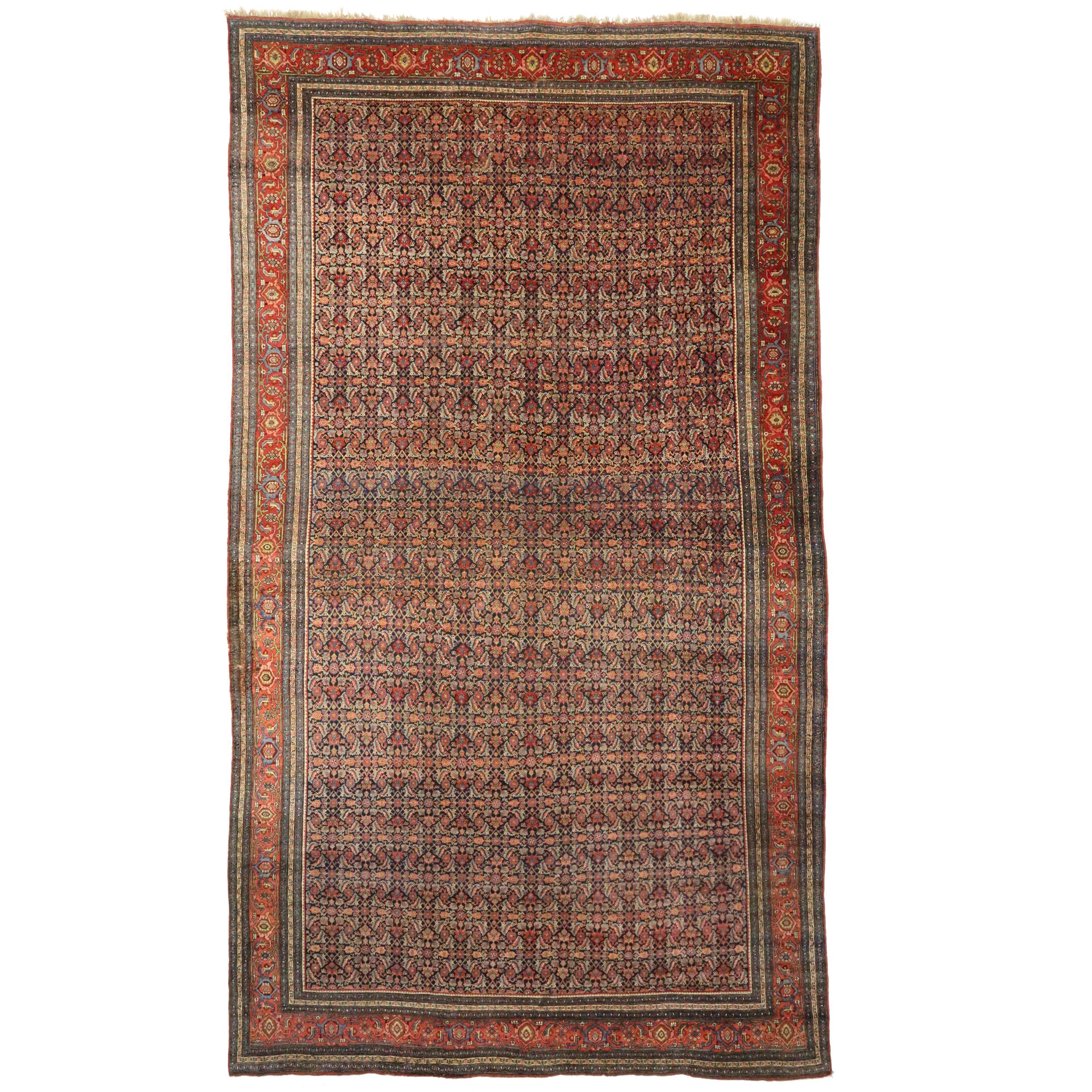 1880s Oversized Antique Persian Bijar Rug, Nostalgic Charm Meets Timeless Style For Sale