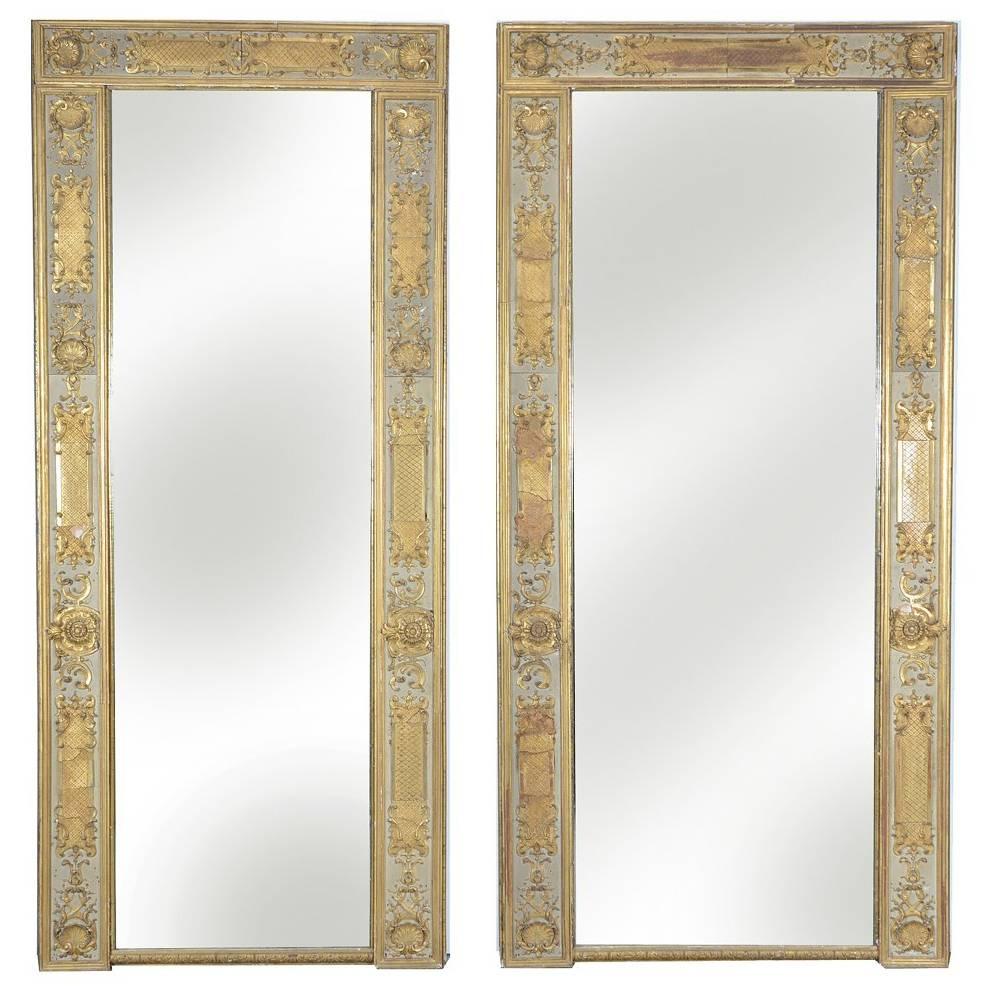 Massive Size 19th Century French Louis XIV Pier Mirrors Gold Gilt Gesso Frames