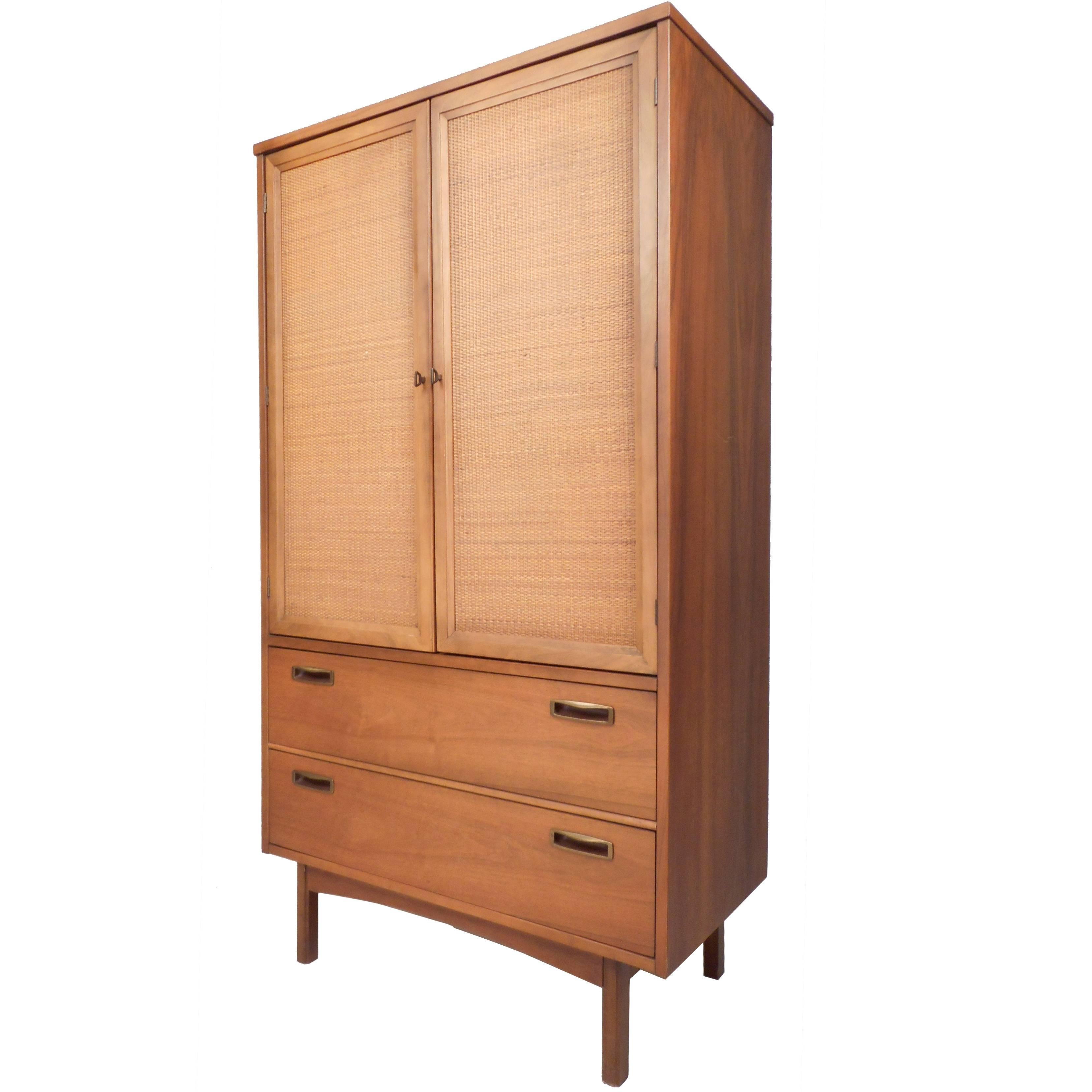 Mid-Century Modern Cane Front Armoire Dresser