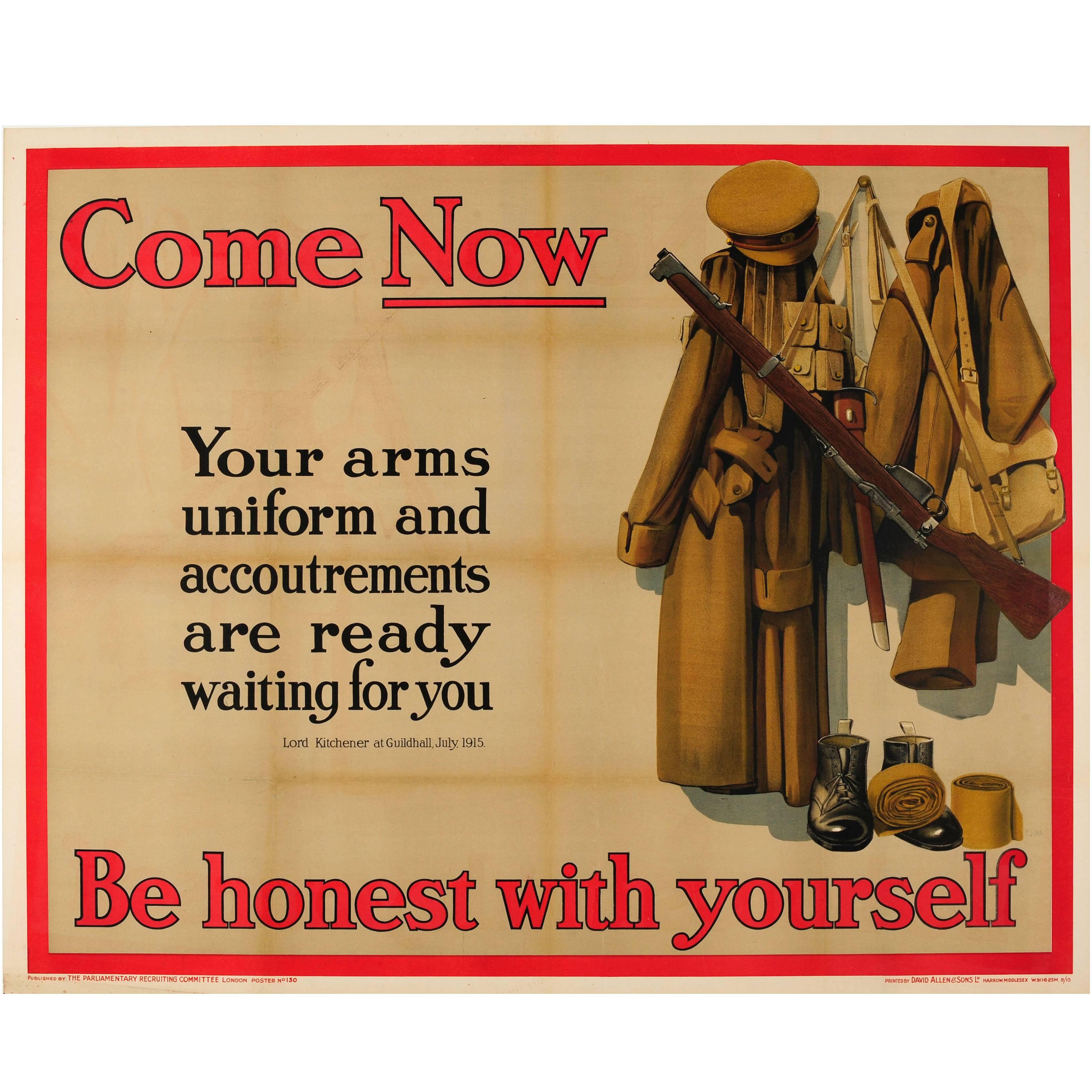 Original Antique British WWI Recruitment Poster Come Now Be Honest With Yourself