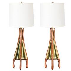 Mid-Century Tri-Leg Brass and Walnut Table Lamps 4