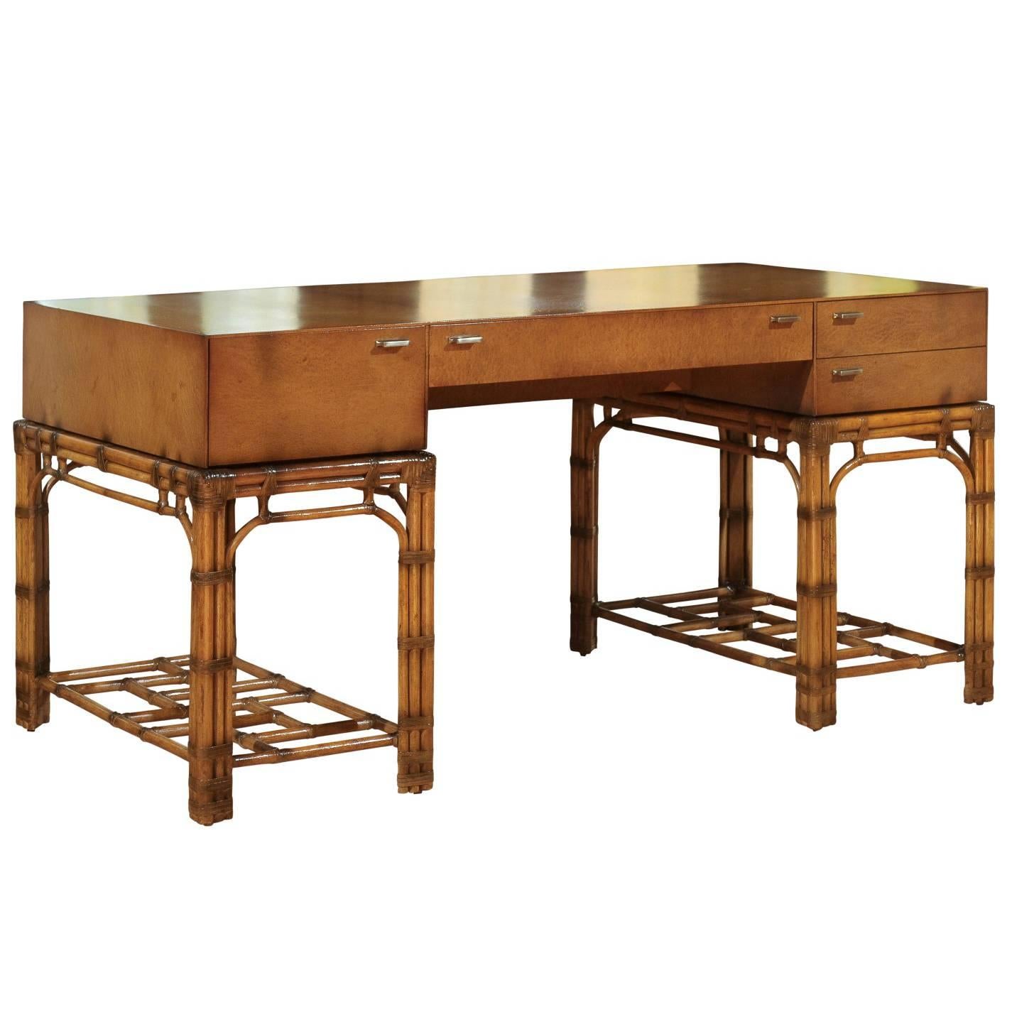 Stunning Restored Vintage Double Pedestal Campaign Desk in Birdseye Maple 