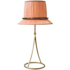 Pretty” Table Lamp in matt Brass, blush Organdy Silk, Silvered Glass circle  