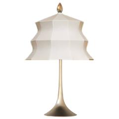 “Pagoda” Table Lamp, in brass and creamy Silk, Silver Crystal Tip, Handmade
