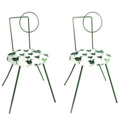 Pair of Green Wrought Iron Modern Child Chairs with Upholstered Seat, circa 1930 7