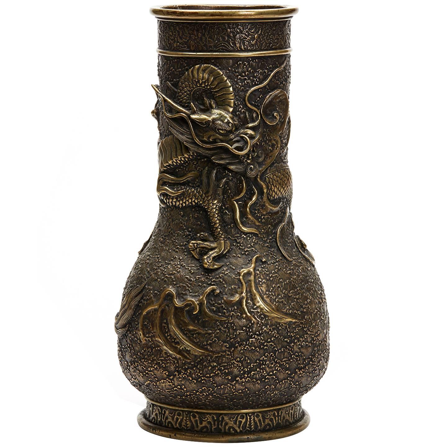 19th Century Antique Japanese Meiji Scrolling Dragon Bronze Vase