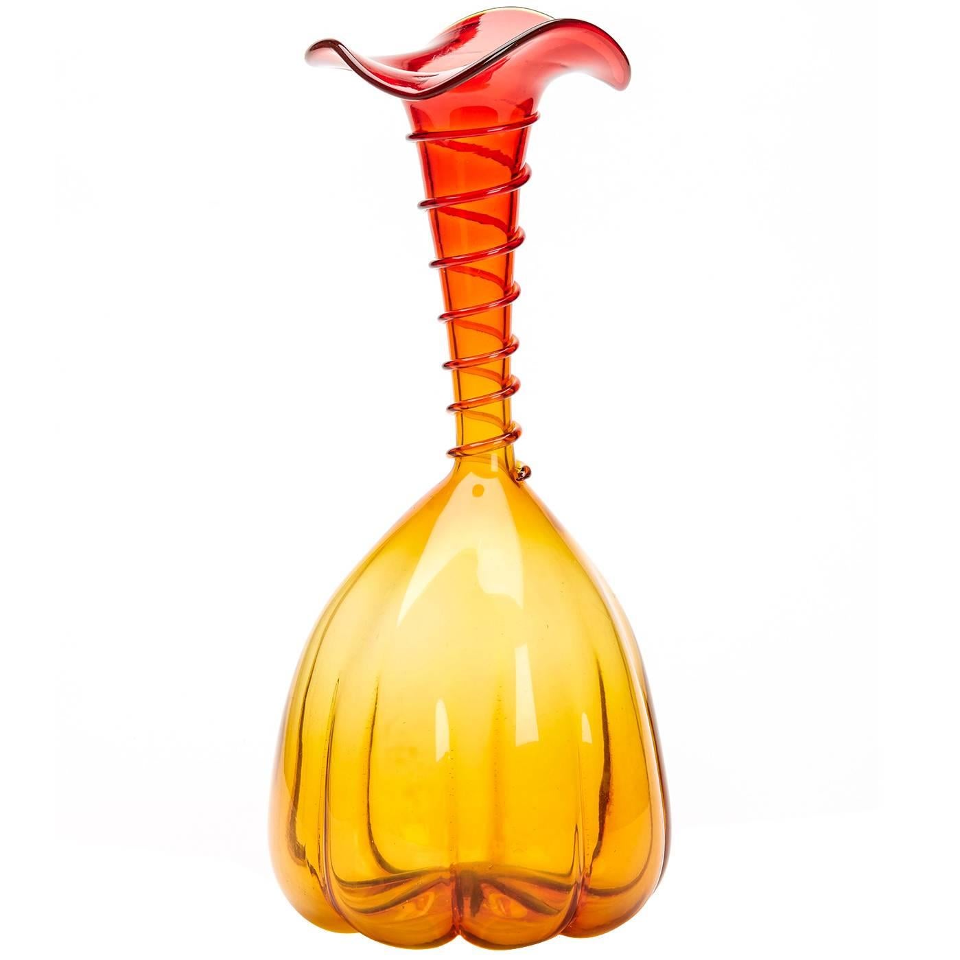 Amberina Orange and Red Art Glass Mallet Shaped Vase 20 Century For Sale