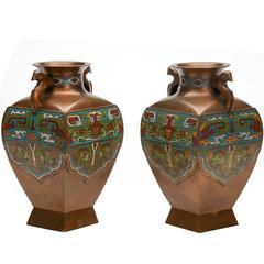 Pair of Antique Oriental Enamelled Bronze Vases, Signed, circa 1900