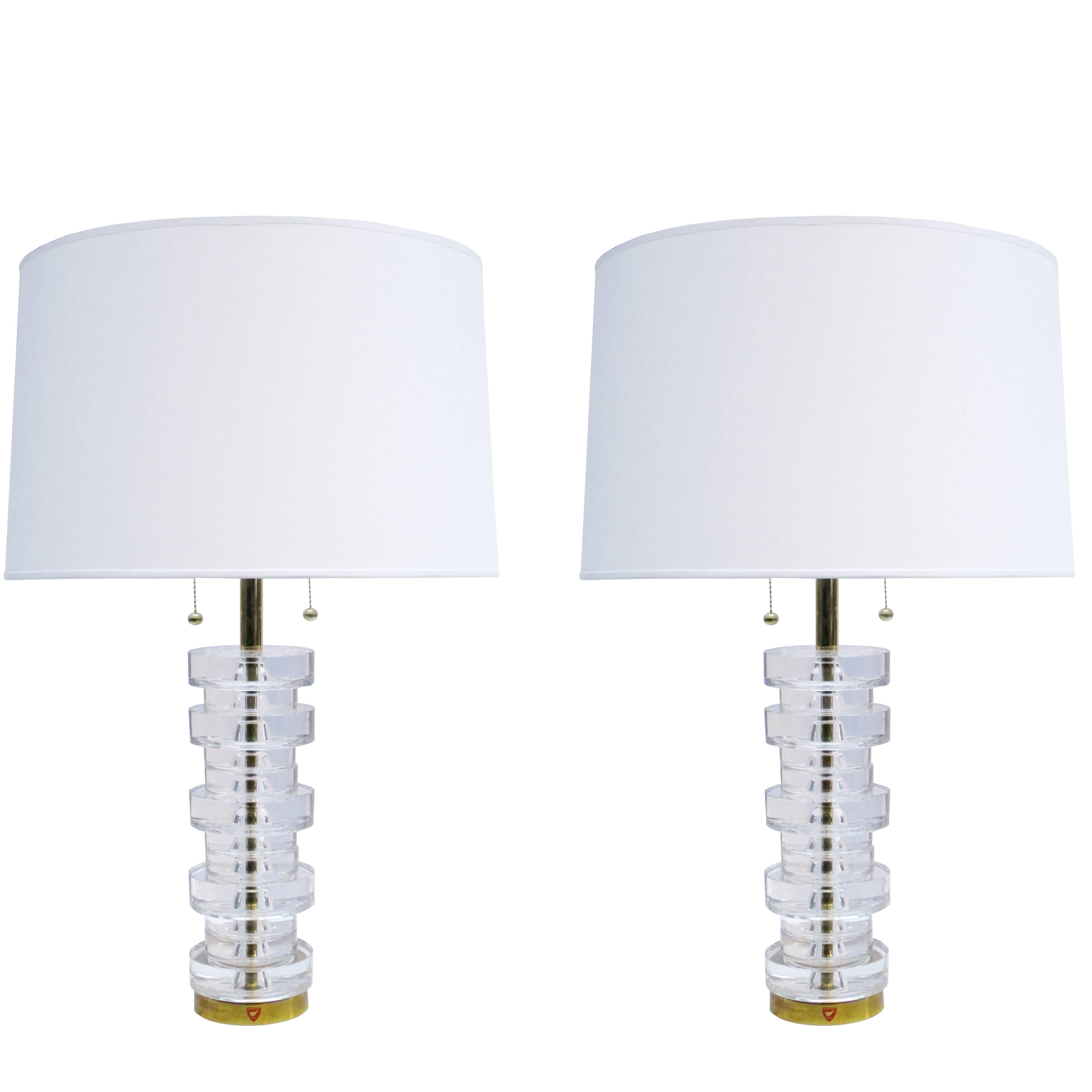 Pair of Orrefors Modernist Crystal Disc Table Lamps