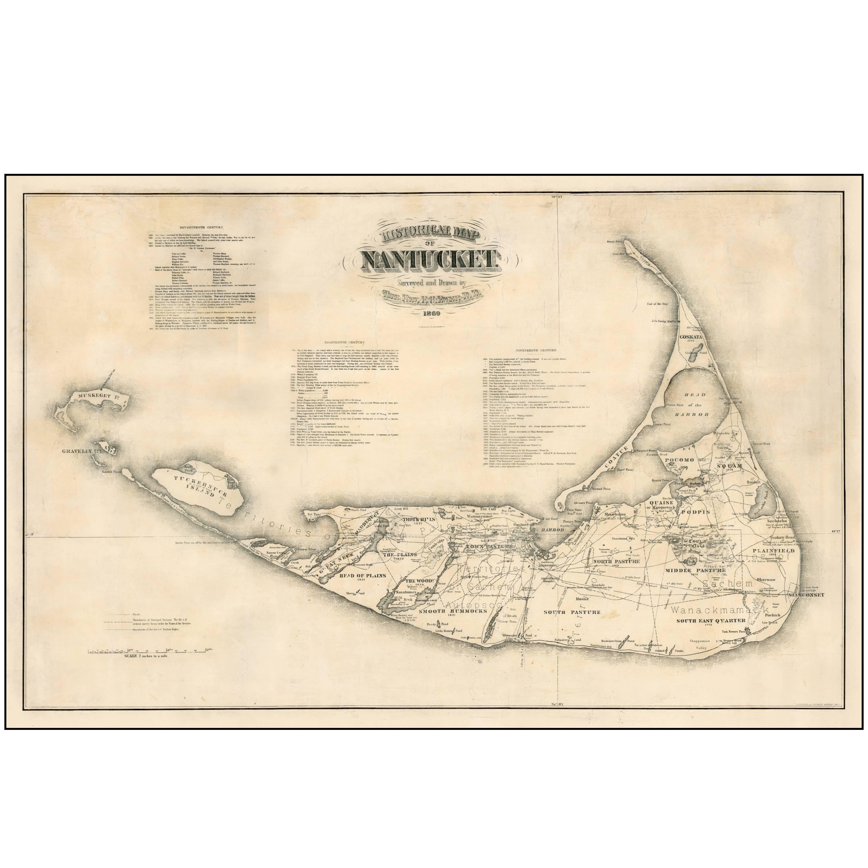 Original Antique 1869 Wall Map of Nantucket For Sale