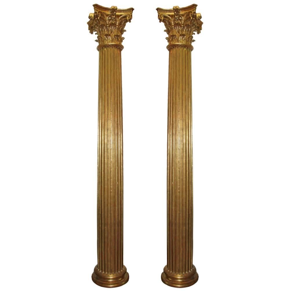 Pair of Palazzo Scaled 18th Century Italian Giltwood Fluted Columns For Sale