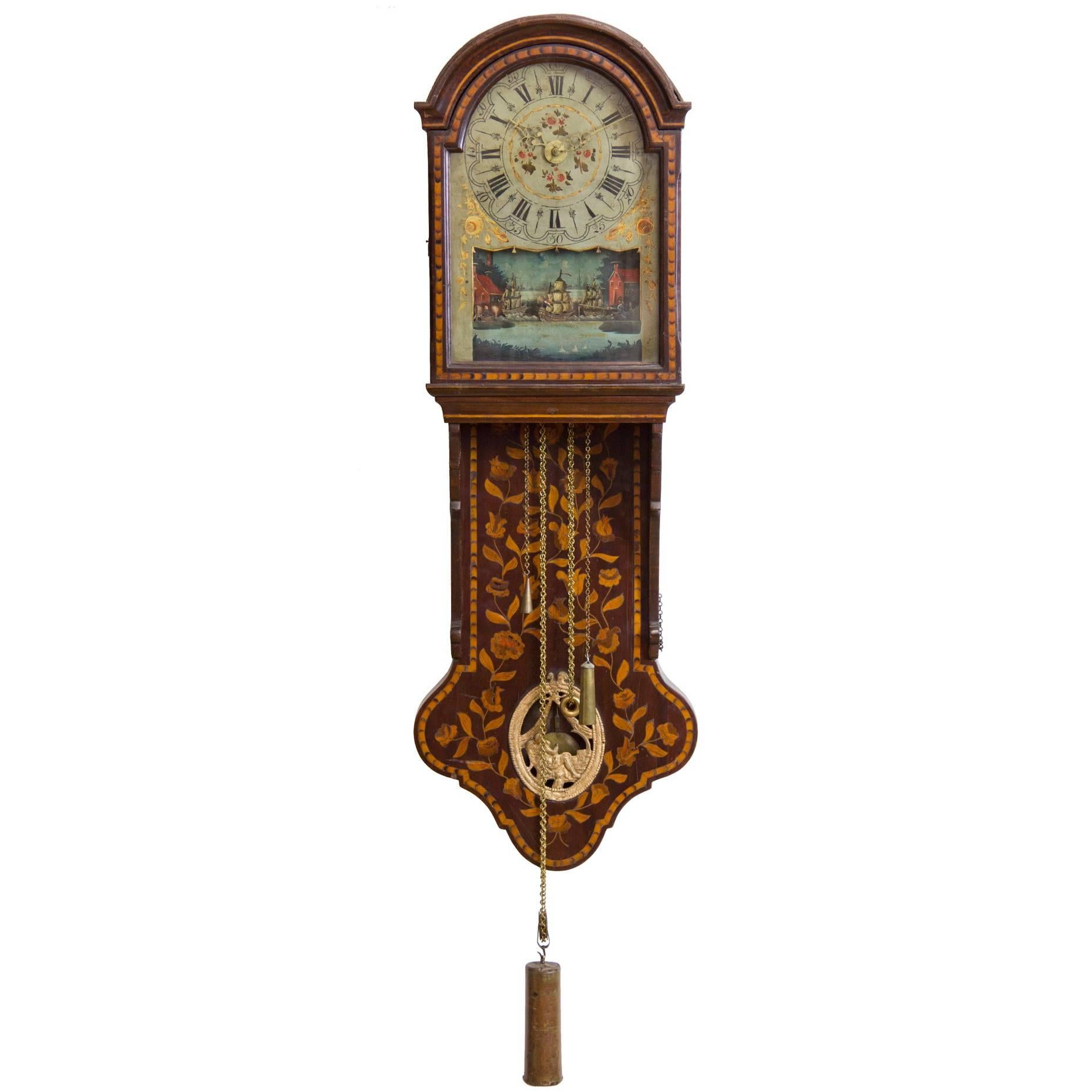 Marquetry Freisland Clock with Automata, Netherlands, circa 1890 For Sale