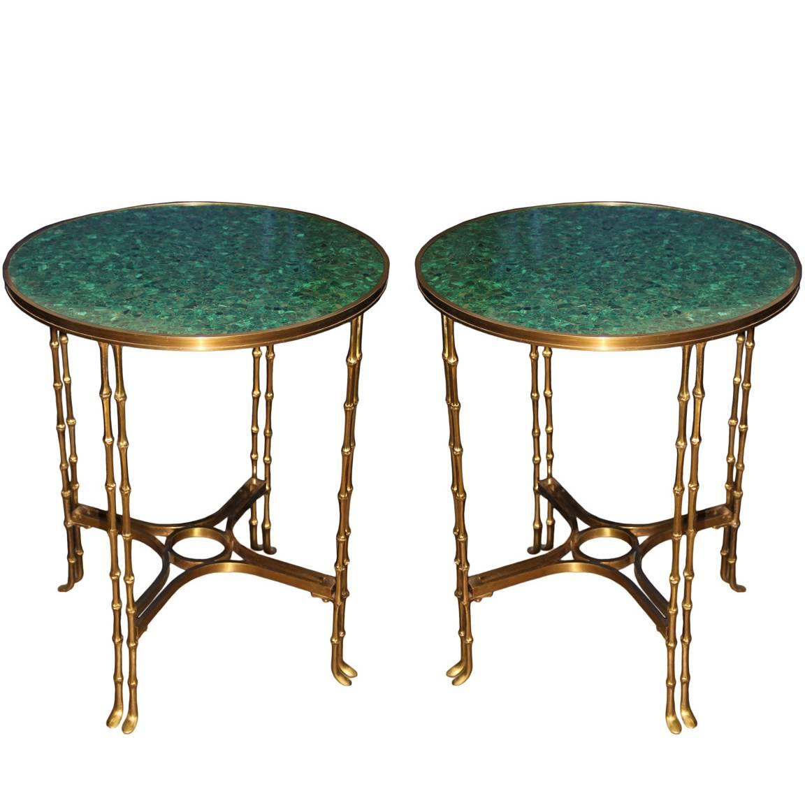 Pair of 19th Century Russian Neoclassical Malachite and Brass Side Tables For Sale