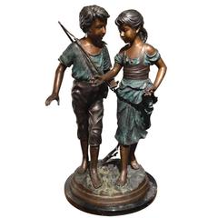 Large Adorable Signed Bronze Featuring Two Youths 
