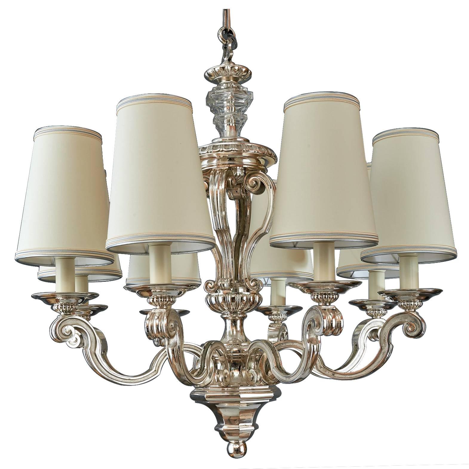 Eight Branch Neoclassical Silvered Bronze Chandelier, France 1950s