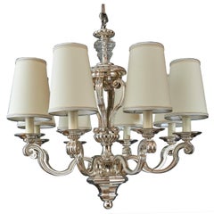 Eight Branch Neoclassical Silvered Bronze Chandelier, France 1950s