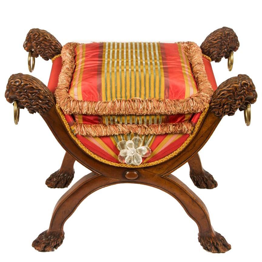 Regency Era Curule Bench with Carved Lion's Heads For Sale