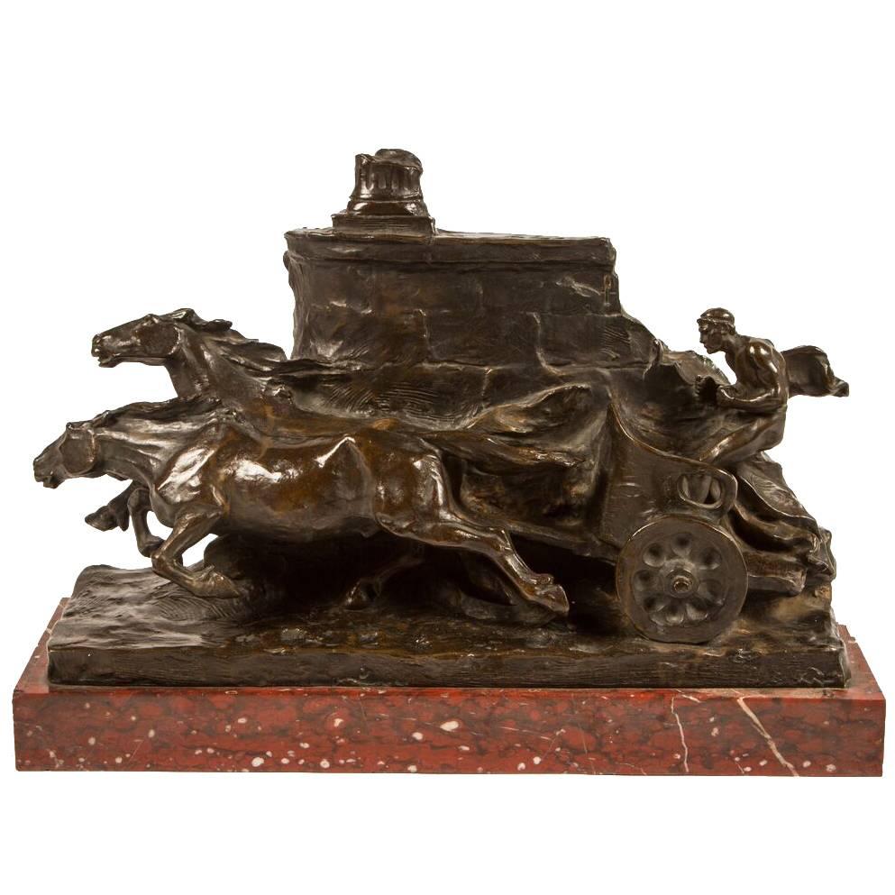 Solid Bronze Sculpture of a Chariot on a Marble Base For Sale