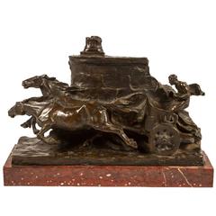 Solid Bronze Sculpture of a Chariot on a Marble Base