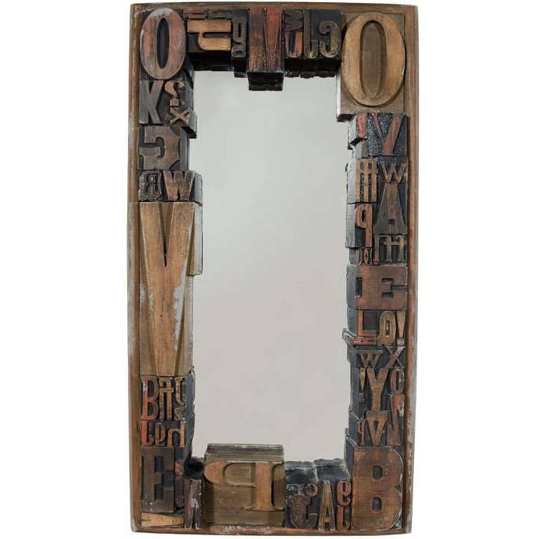 American Typography Woodblock Framed Mirror by Jo Mead For Sale