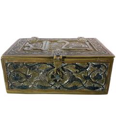 Antique Silver Inlaid Islamis Brass Koran Box, Damascus, Syria, circa 1900