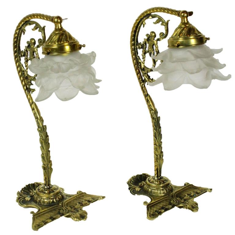 Set Of Two Art Nouveau Brass And Frosted Glass Flower Lamps At 1stdibs Art Nouveau Flower Lamp