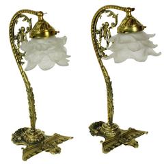Set of Two Art Nouveau Brass and Frosted Glass Flower Lamps