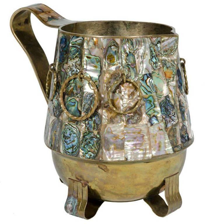 Mexican Abalone Shell and Brass Water Pitcher by Salvador Teran For Sale