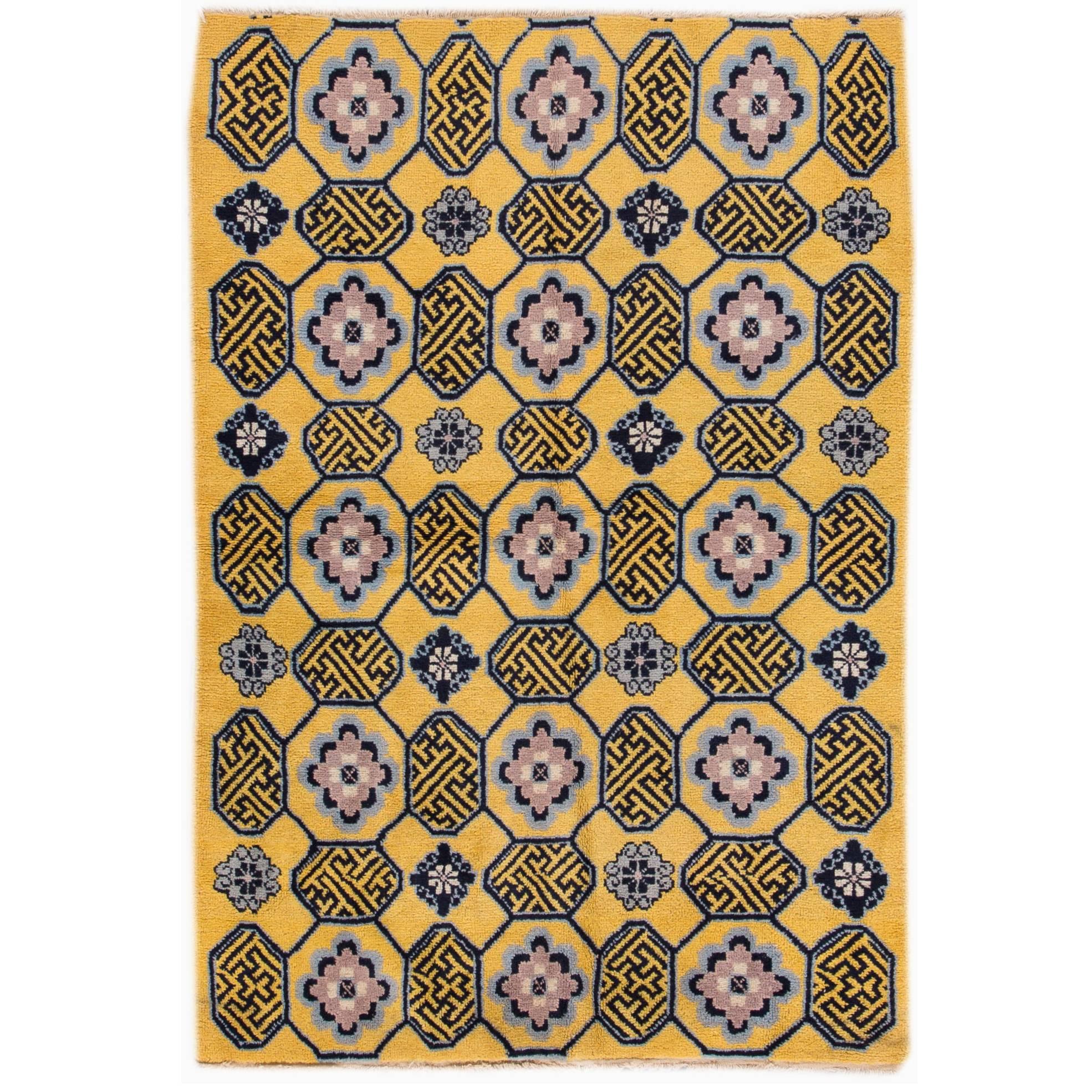Vintage 1950s Yellow, Blue Chinese Carpet