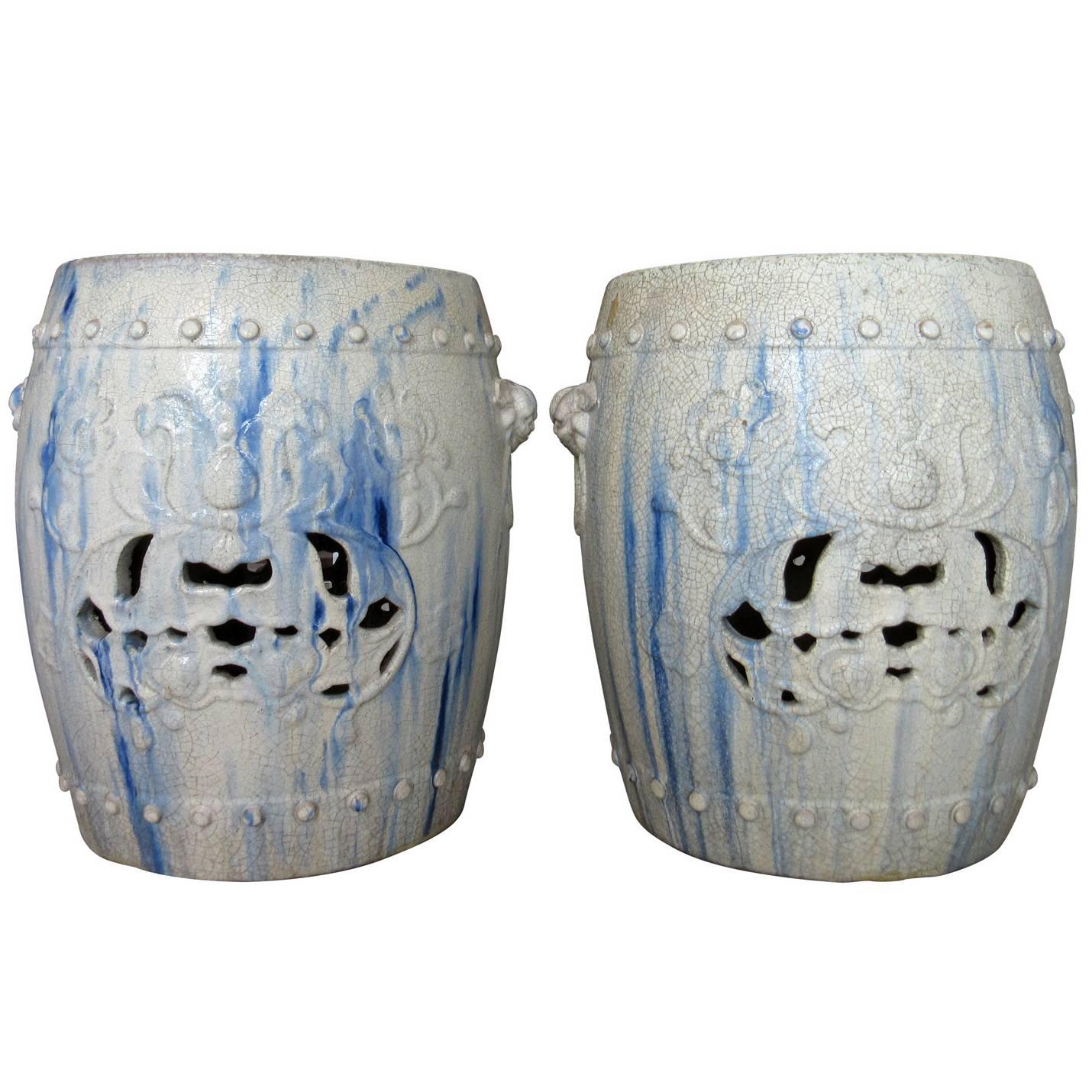 Pair of Chinese Ceramic Garden Seats with Blue Tye-Dye Glaze