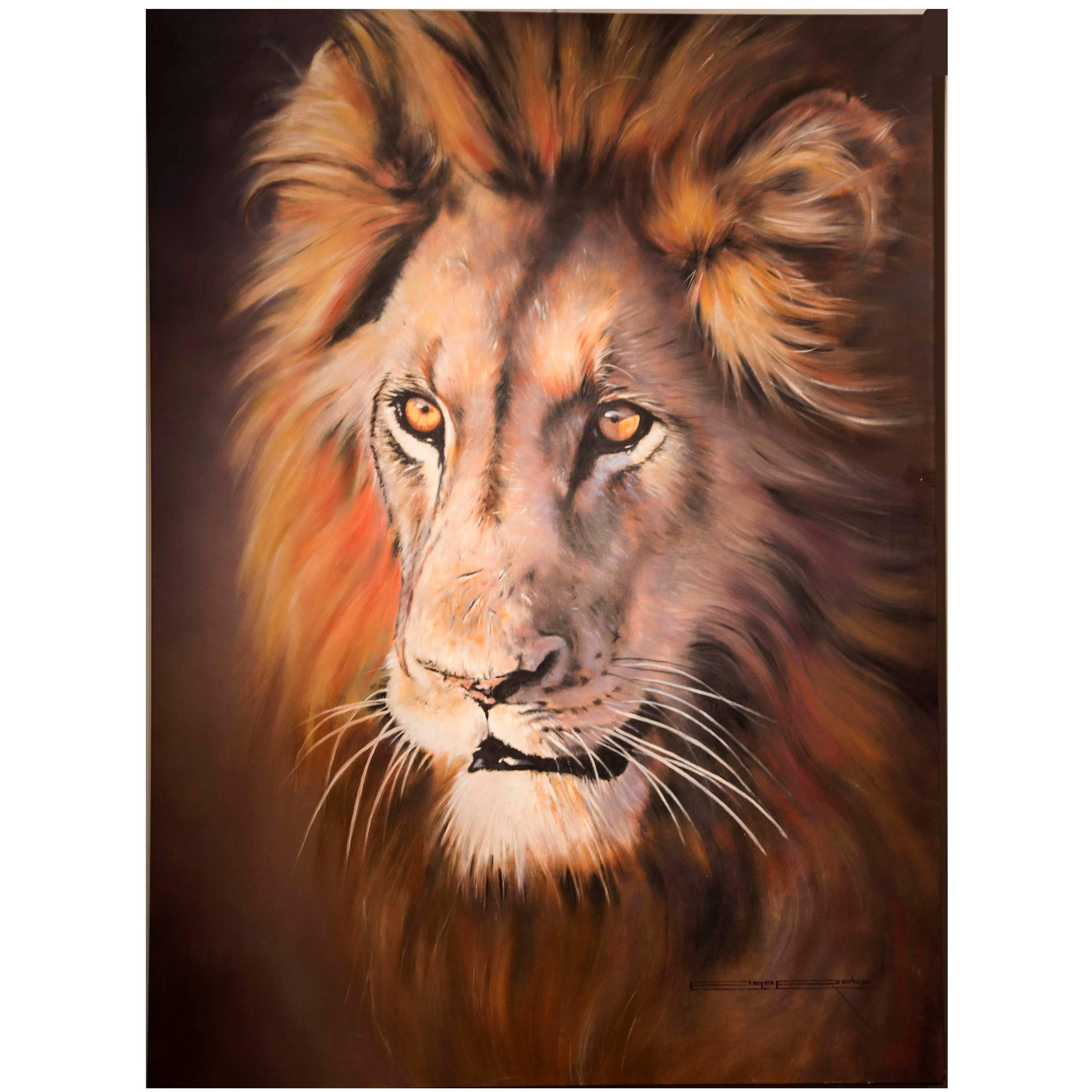 Magnificent African Lion Oil on Canvas Portrait by Elga Rabe
