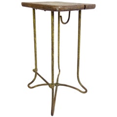 Antique French Oak Top Bar Stool with Yellow Painted Iron Base