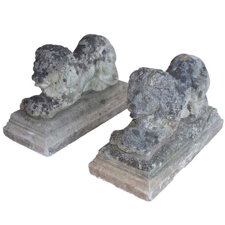 Pair of English Antique Recumbent Stone Lions at 1stDibs