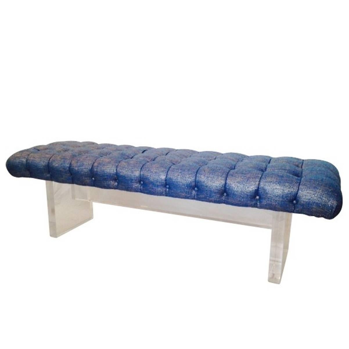 21st Century Modern Lucite Slab & Tufted Upholstered Long Bench For Sale